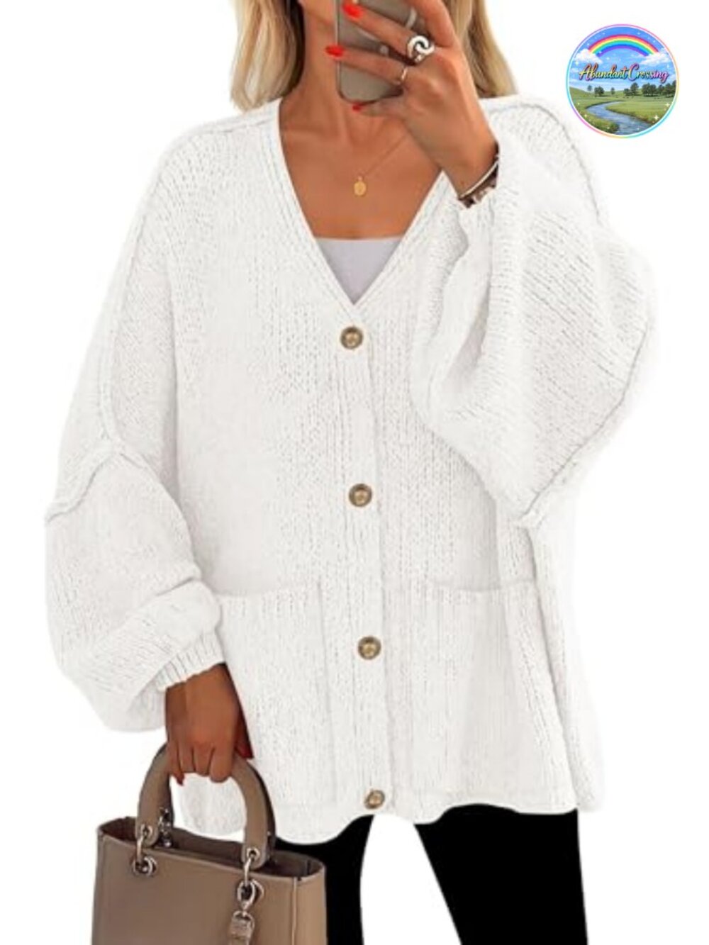 Oversized Chunky Knit Cardigan Open Front V-Neck Lantern Sleeve Sweater Women